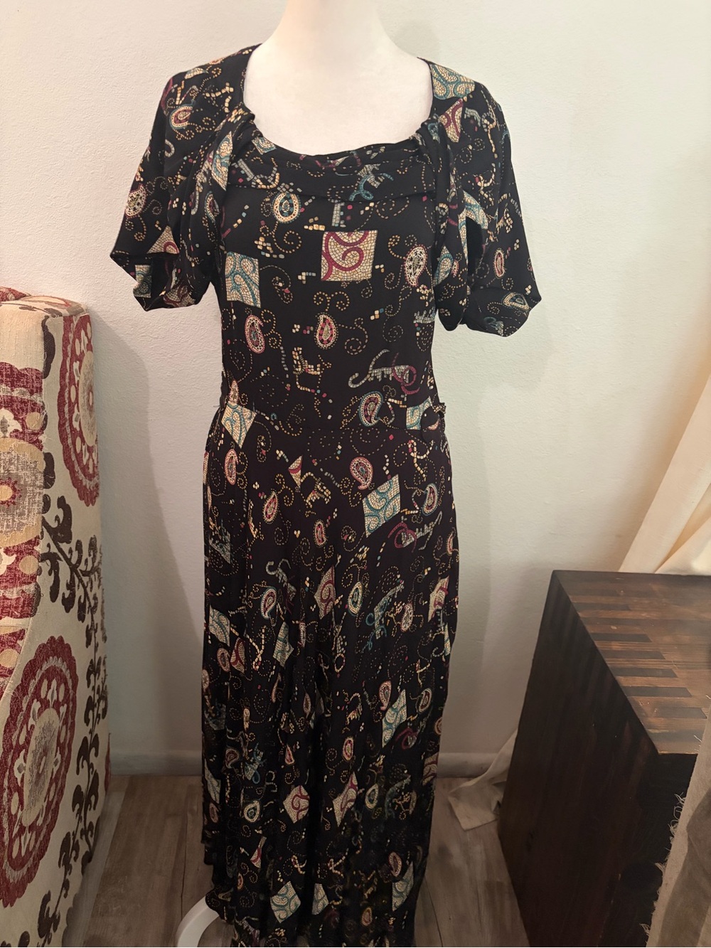Vintage Carole Little Black Paisley Midi Dress with Teal and Gold Accents